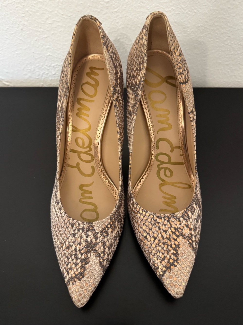 Sam Edelman Multi-Color Snake-Print Pointed Toe Pumps w/ Rose Gold Accent